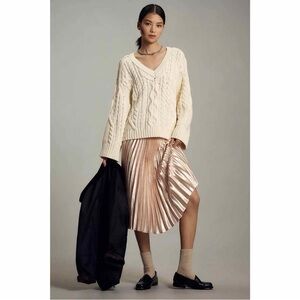 Anthropologie Maeve Wide-Sleeve Cable Knit Sweater Cream Large Boho Chunky Loose